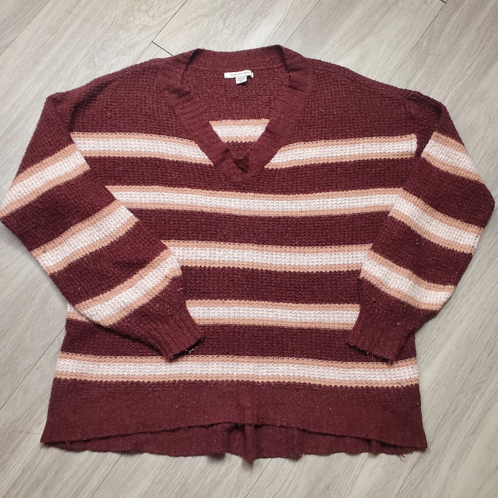 American Eagle Striped V-Neck Knit Sweater XS Burgundy